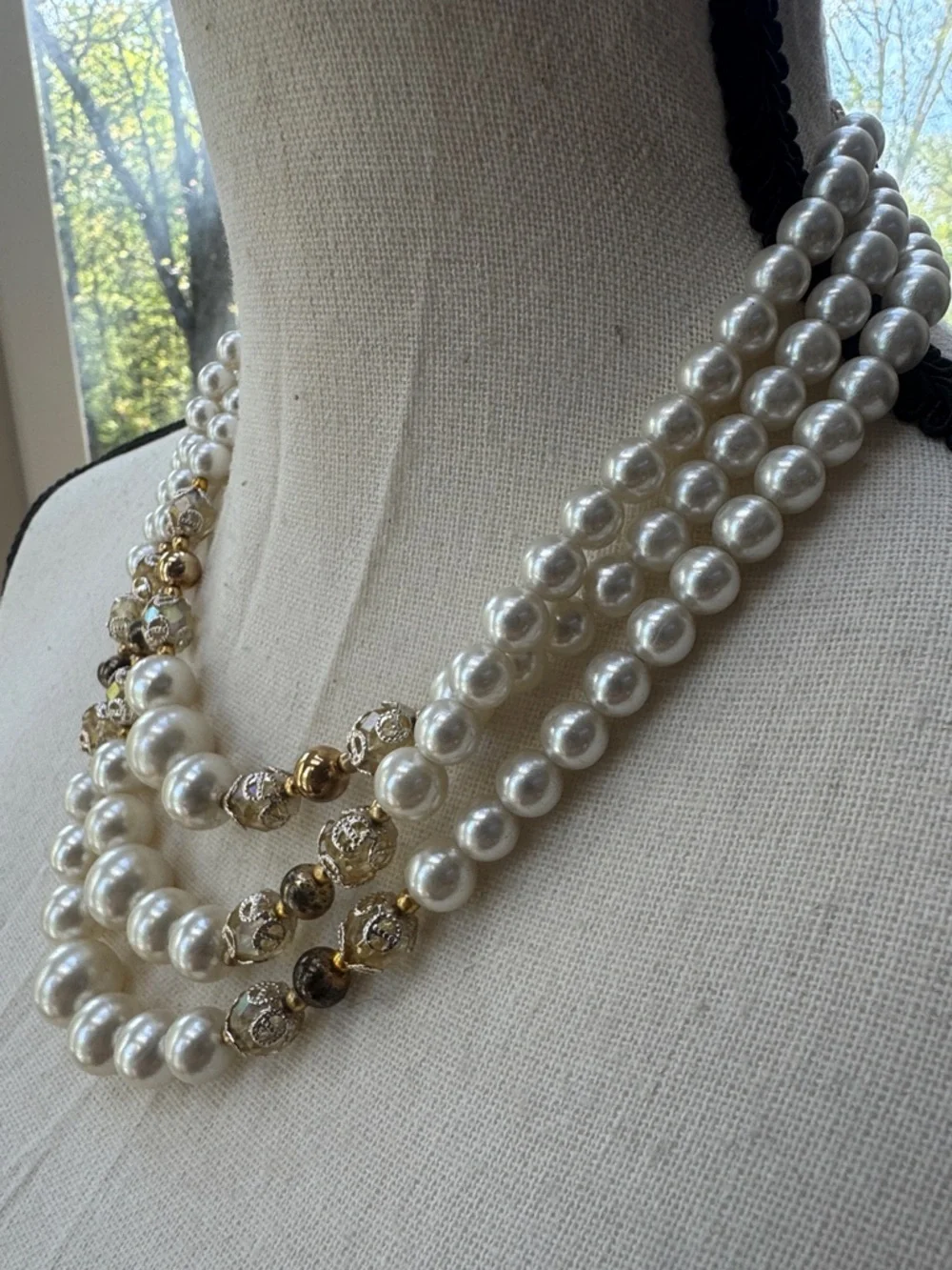Elegant Multi-Strand Pearl and Crystal Necklace - Cream & Gold | Made In Japan